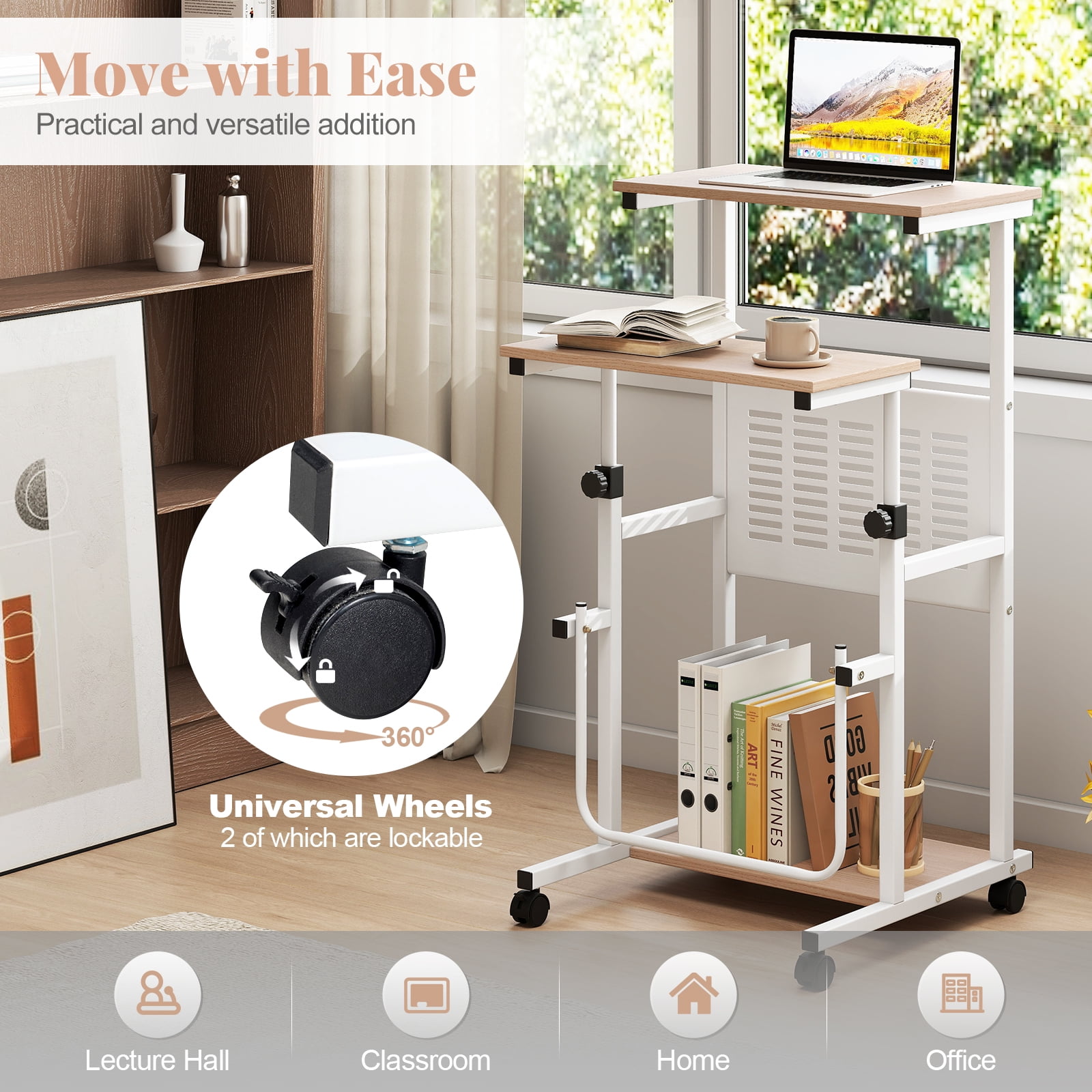 Giantex Height Adjustable Standing Desk, Rolling Stand Up Desk, Portable Laptop Desk w/Swivel Footrest, Mobile Computer Workstation