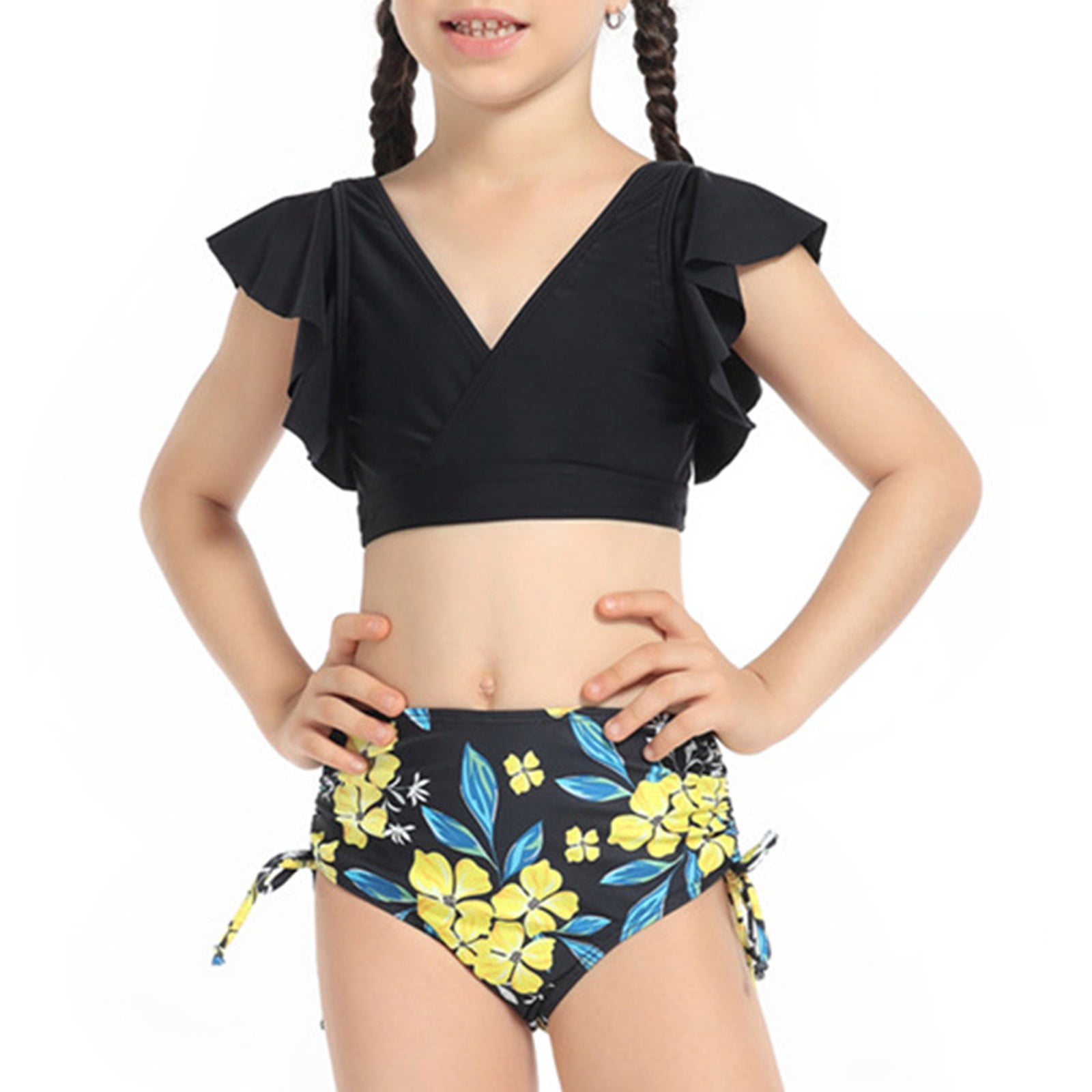 QWERTYU Child High Waisted Ruffle Leaf Print Tankini Sets Short Sleeve Girl  Swimsuit Twist Front Bathing Suit Black 140 - Walmart.com