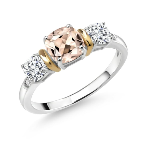 Gem Stone King 925 Silver and 10K Yellow Gold 3-Stone Diamond Ring Cushion Peach Morganite and Moissanite (1.48 Cttw, Size 7)