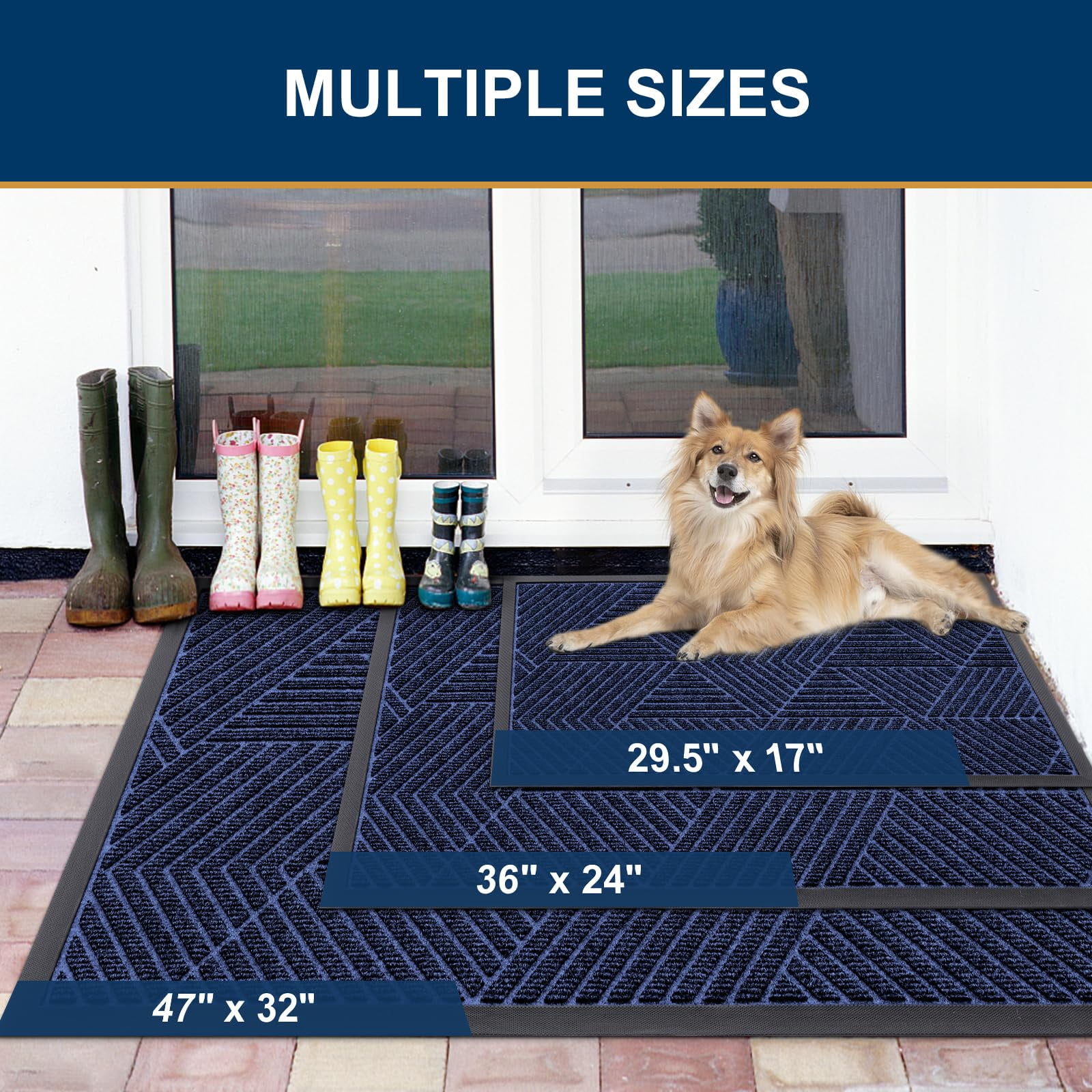 Buganda Door Mat Outside, Heavy Duty Rubber Front Doormat, Dirt Trapper Waterproof Door rugs for Outdoor Entey, 47"x 24" Inch, Navy Blue