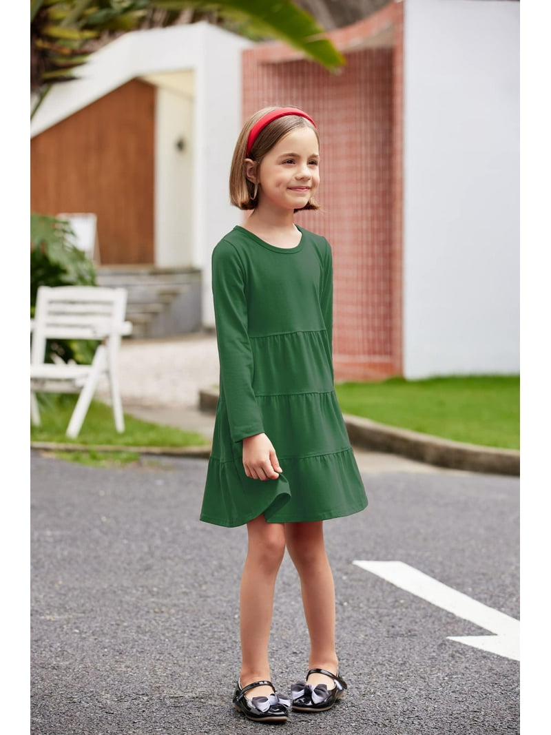 Oudiya Girls Long Sleeve Dress Tiered Flowy Sundress Green Midi Swing  Casual Dress, 3-10 Years - Walmart.com