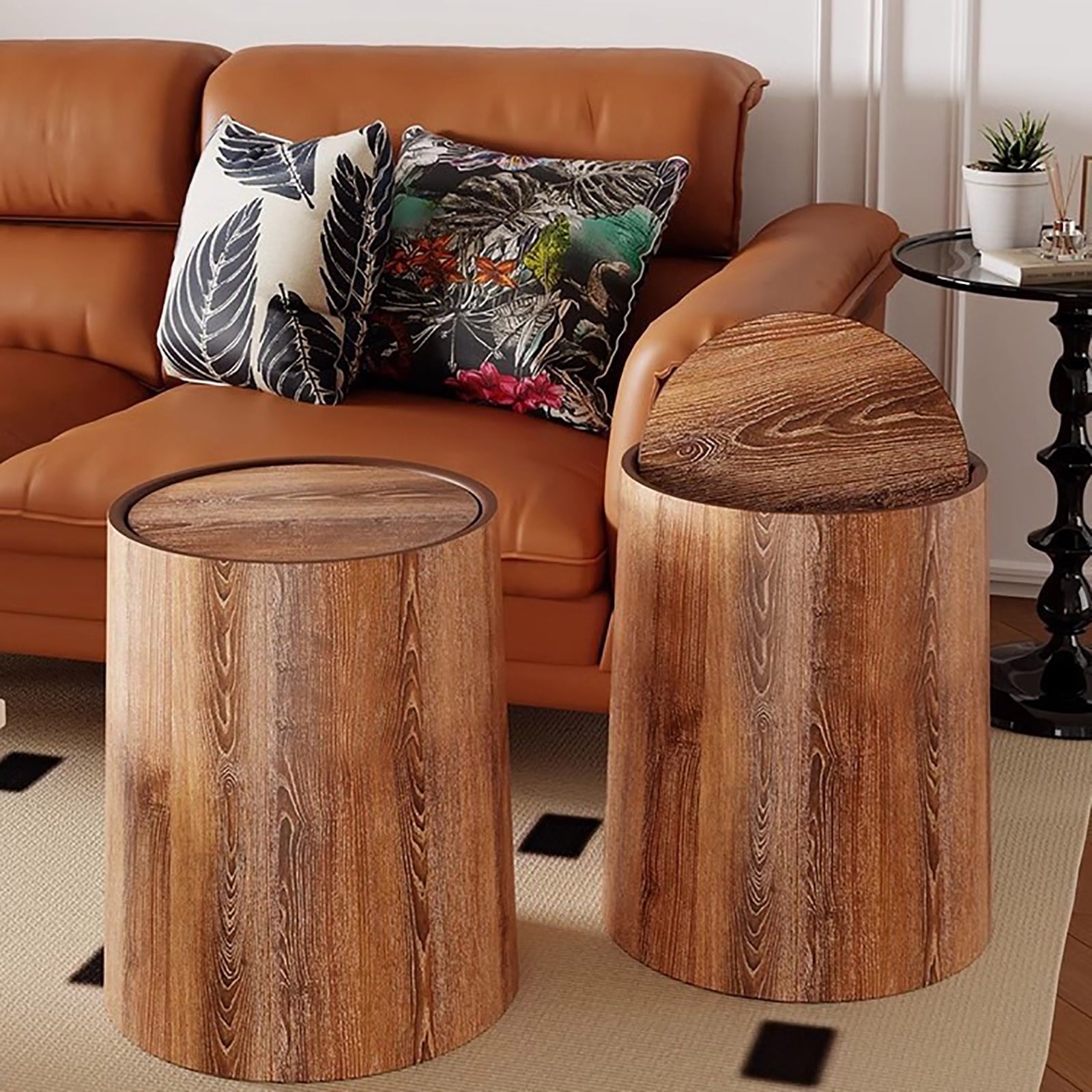 Tgbvmt Vintage Wood Grain Flip Lid Trash Can Large Capacity Odor Blocking Wastebasket Round Clamshell Garbage Bin for Living Room Kitchen Office Bathroom Hotel Home Waste Organization