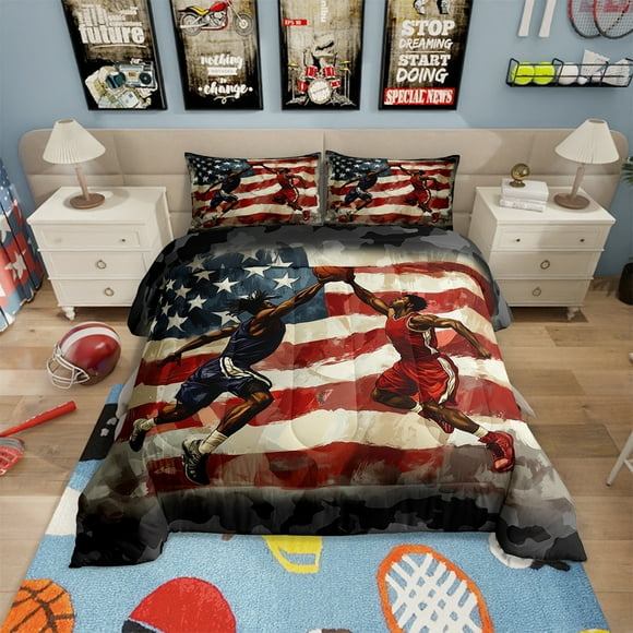 Basketball Comforter Set Toddler for Kids Sports Bedding Sets for Boys Teen American Flag Bedding Comforter Sets Sports Game Themed Down Comforter for Basketball Lover Duvet Set