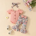 thumbnail image 4 of Odeerbi Baby Boys Girls Outfits Cotton Jumpsuit Rib Knit Romper with Floral Flared Pants Set Solid Color Short Sleeve Knitting Crawling Bodysuit Headband Set Baby Clothes Pink, 4 of 8