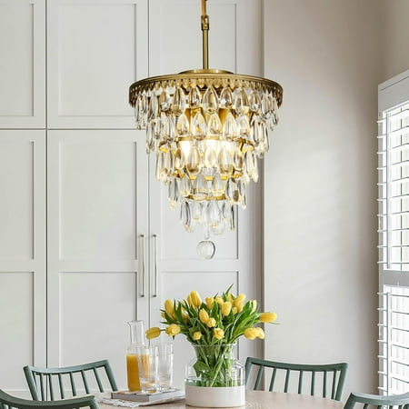 

3-Light Modern Gold 5-Tiered Tear Drop Crystal Chandelier in Antique Brass with Raindrop Crystal for Living Room Dining Room Bathroom W12 inch