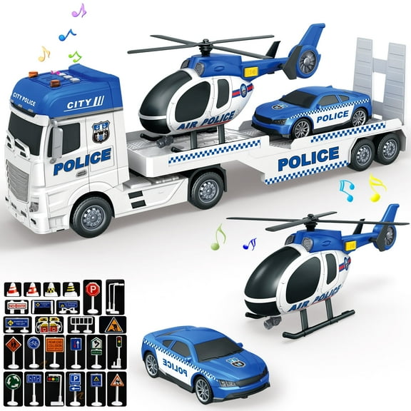 3 in 1 Large Police Truck Toy, 25" Semi Flatbed Truck Toy with Racing Car and Helicopter, Friction Powered Vehicles Toys with Lights and Sounds