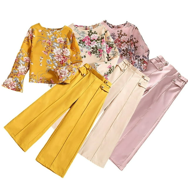 2PCS Kids Girls Long Sleeve Printed Tops T Shirts+solid Color Pants Outfit Set Spring Fall Clothes for 7-12 Years