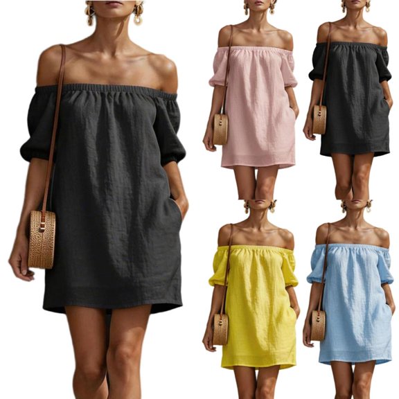 HBBIKVI Off-Shoulder Mini Dress for Women Summer Short Sleeve Shift Dress with Puff Sleeves,Side Pockets,and Lightweight Feel for Beach Vacation Daily Wear