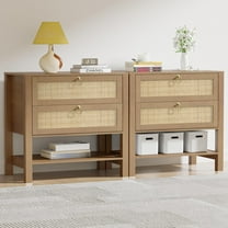 WUTUTUEE Set of 2 Rattan Nightstands with Drawers & Storage Shelf, Boho Coastal Bedside Tables for Bedroom,Carbon Cherry