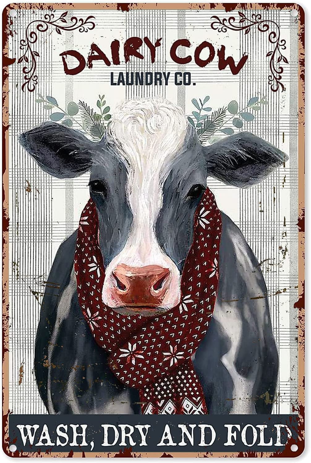 Vintage Laundry Signs Dairy Cow Laundry Co Wash Dry and Fold Tin Sign
