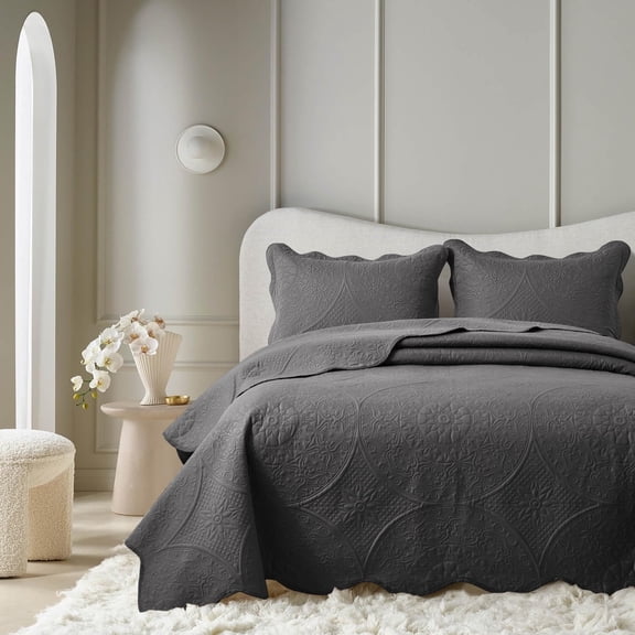 IR Imperial Rooms 3Pc-Embossed Bedspread Soft Microfiber Floral Modern Quilt Set Lightweight Queen Charcoal