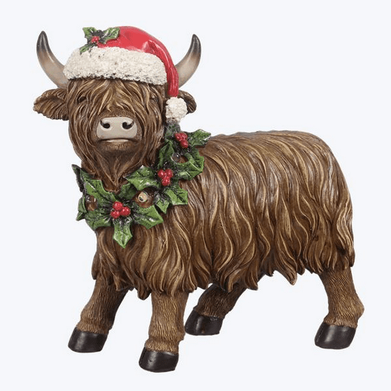 YI Christmas Decor - Santa Hat Cap Highland LED Cow Figurine