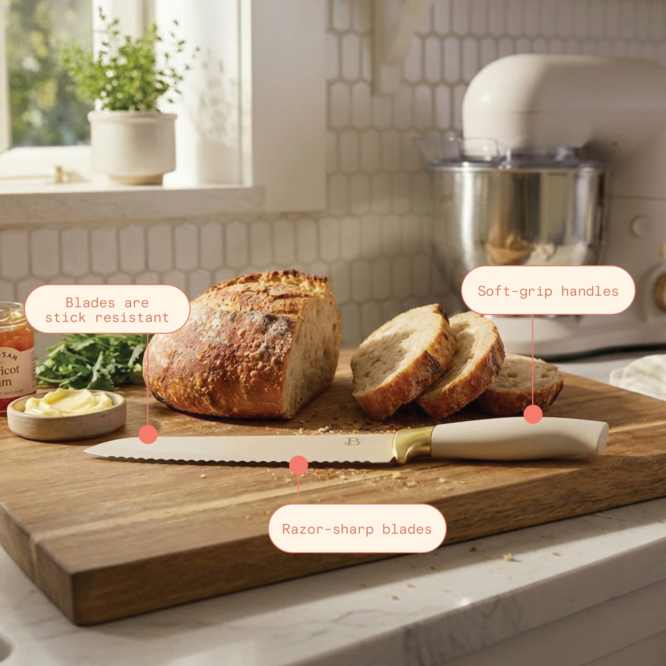 Beautiful 6-Piece Soft Grip Knife Set Porcini with Gold Accent by Drew Barrymore