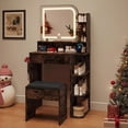 thumbnail image 5 of Vanity Set with Mirror and Lights, Akaber Small Makeup Vanity Desk with Stool, Charging Station, Compact Brown Vanity with LED Strip, 5 of 10