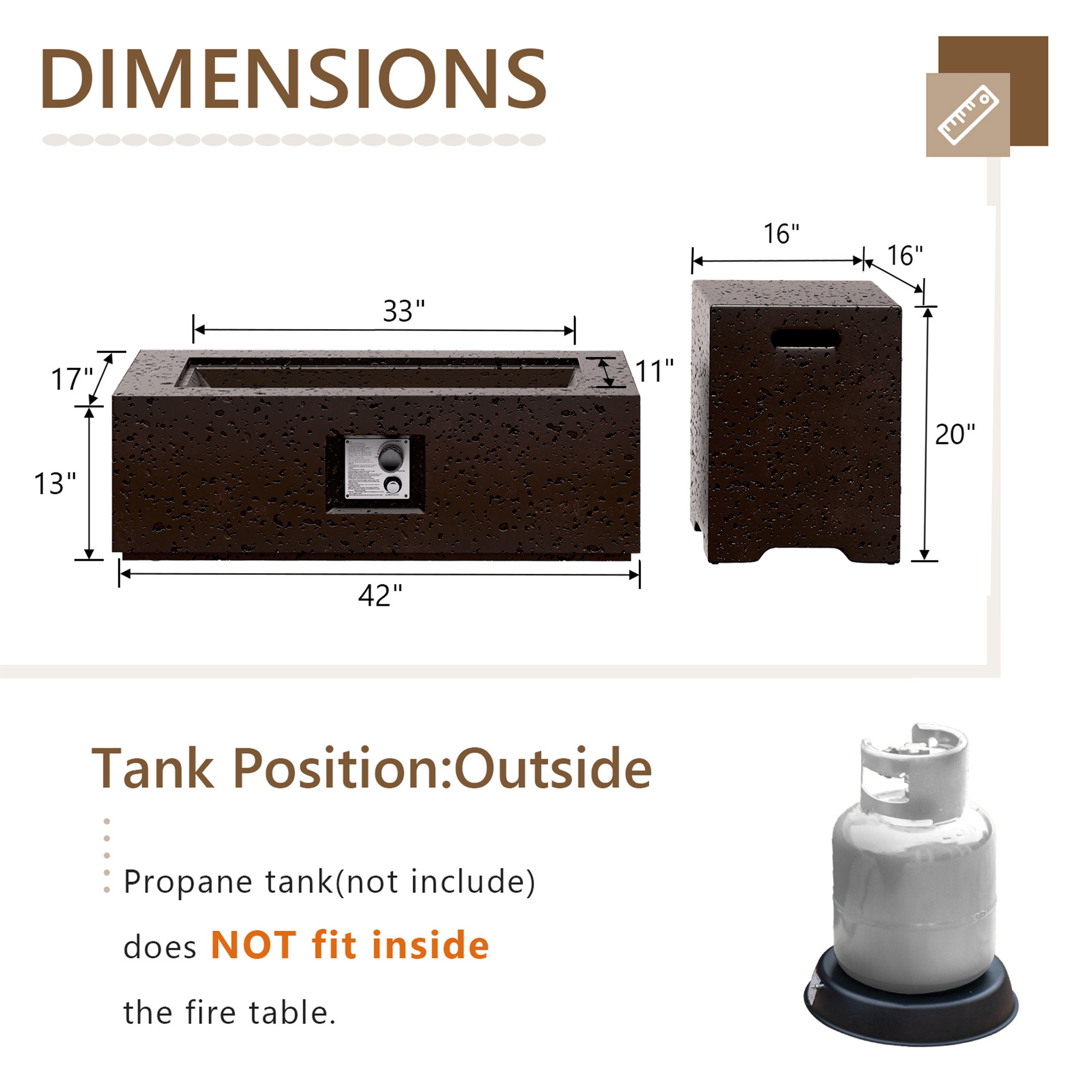 COSIEST 42" Rectangular Propane concrete Fire Pit Table with Wind Guard, Tank Table & Fire Glass​​