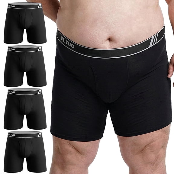 Big and Tall Mens Underwear, PUTUO Mens Boxer Briefs, Comfort Cotton Stretch Classic Design, Length Moisture Wicking Underwear 4-Pack, Black, 4XL