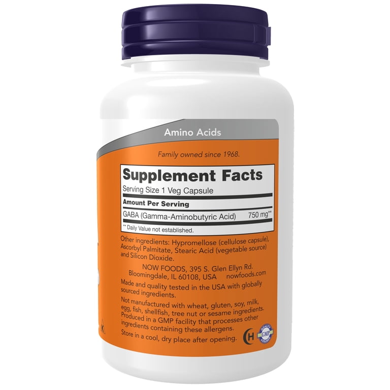 acetyl l carnitine gaba NOW Supplements, GABA (Gamma-Aminobutyric Acid) 750mg, Neurotransmitter  Support* 100 Veg Capsules