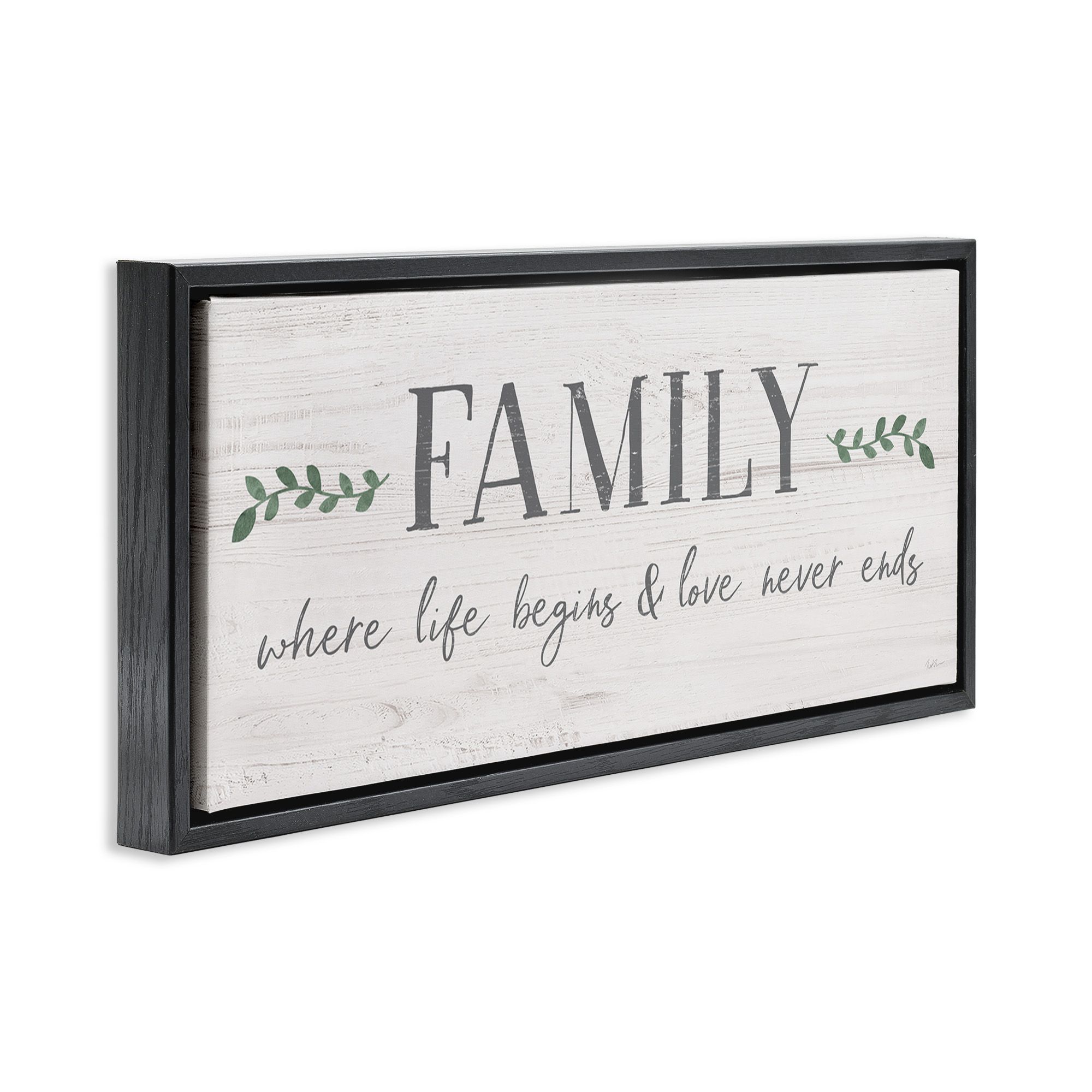 Stupell Industries Love Never Ends Family Phrase Inspirational Painting Black Floater Framed Canvas Art Print Wall Art, 31 x 14