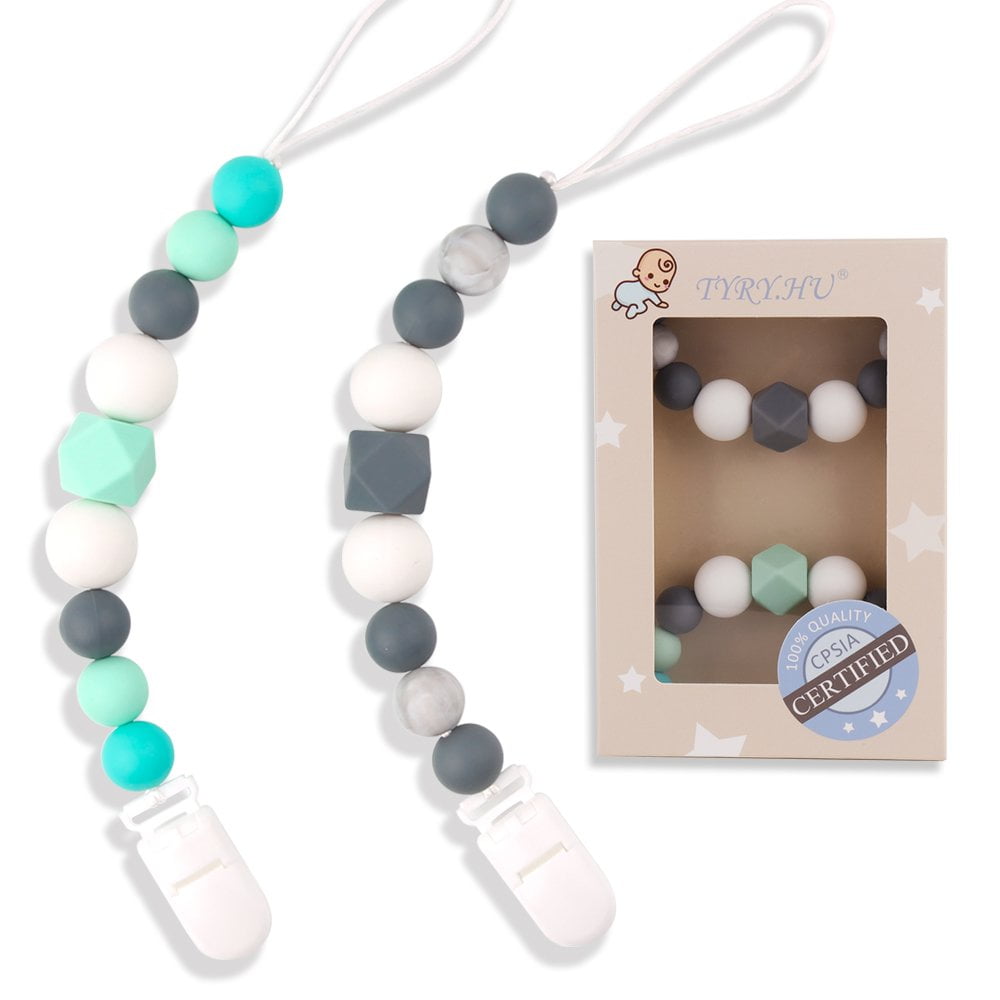 Pacifier Clip Baby Boys Girls Paci Holder Silicone Teething Beads Soothie Binky Clips Teether Toys 2 Pack Beige, Grey, Mint 
