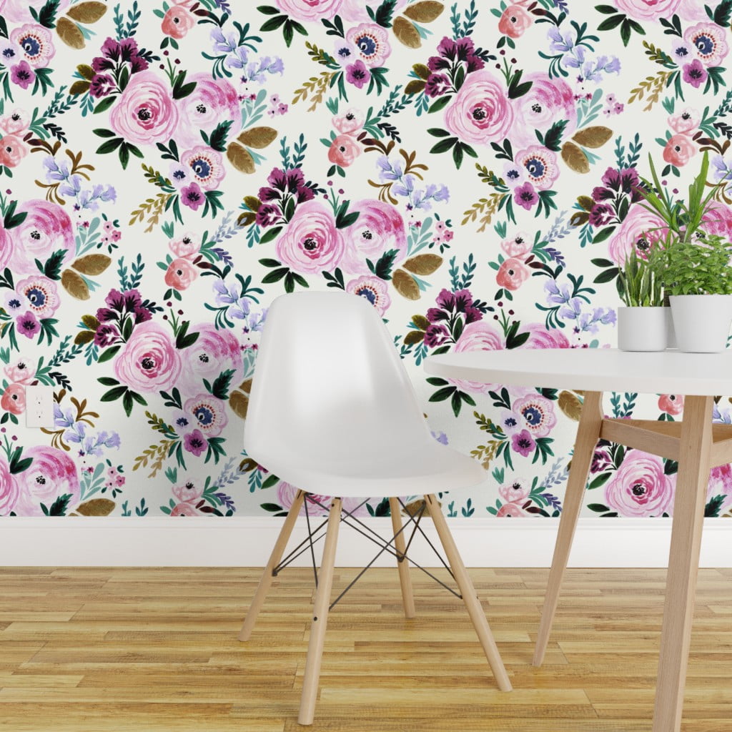 Peel-and-Stick Removable Wallpaper Floral Victorian Pink Green Cottage