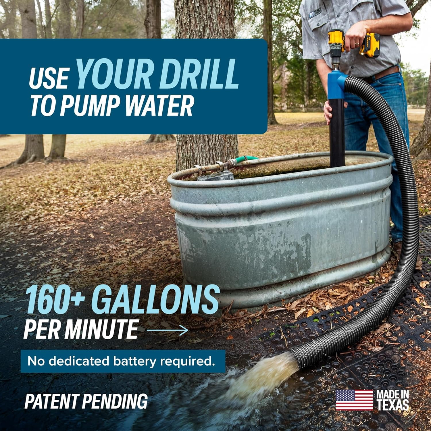 Drill-Powered Stick Water Transfer Pump 160 GPM, Anti-Clog, 6 FT Hose Included, Made in USA, TEMCo Industrial TH1712