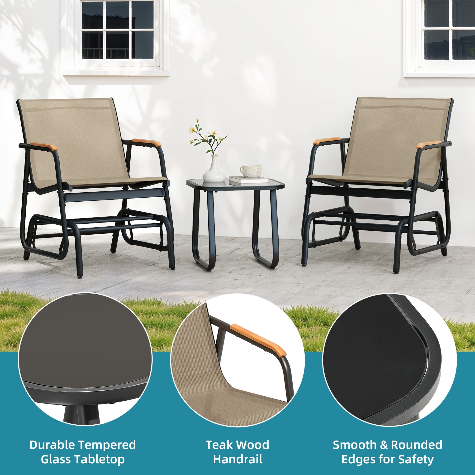 Uforic 3-Piece Patio Furniture Set, Outdoor Textilene Glider Bistro Set with 2 Glider Chairs & Tempered Glass Coffee Table, Heavy Duty Outdoor Seating Set for Backyard, Garden, Balcony, Brown