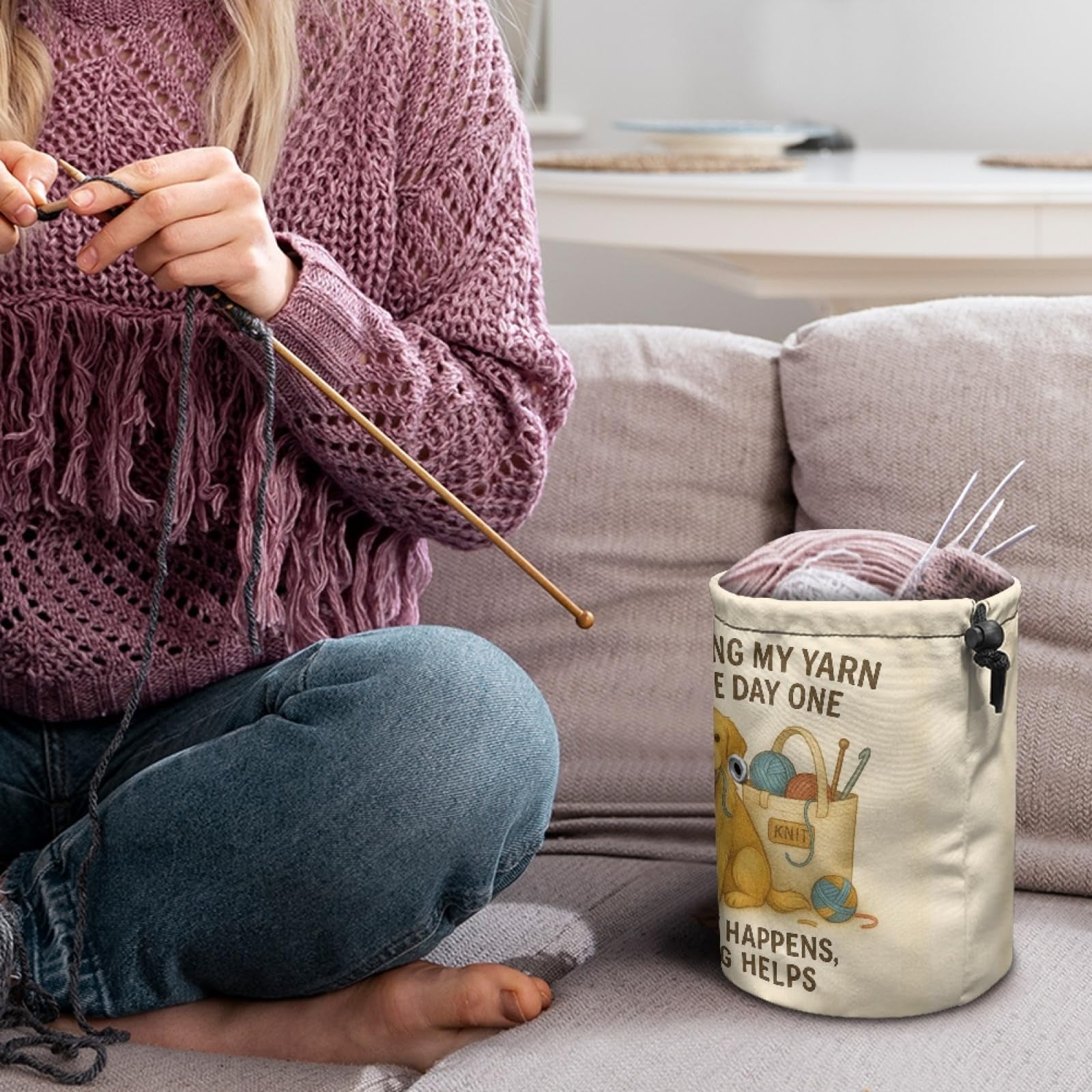 Knitting Crochet Yarn Storage Bag – Durable Canvas Tote Organizer with Cute Pet & Thread Design | Holds Skeins, Hooks, Needles & Tools for Crafters and DIY Lovers