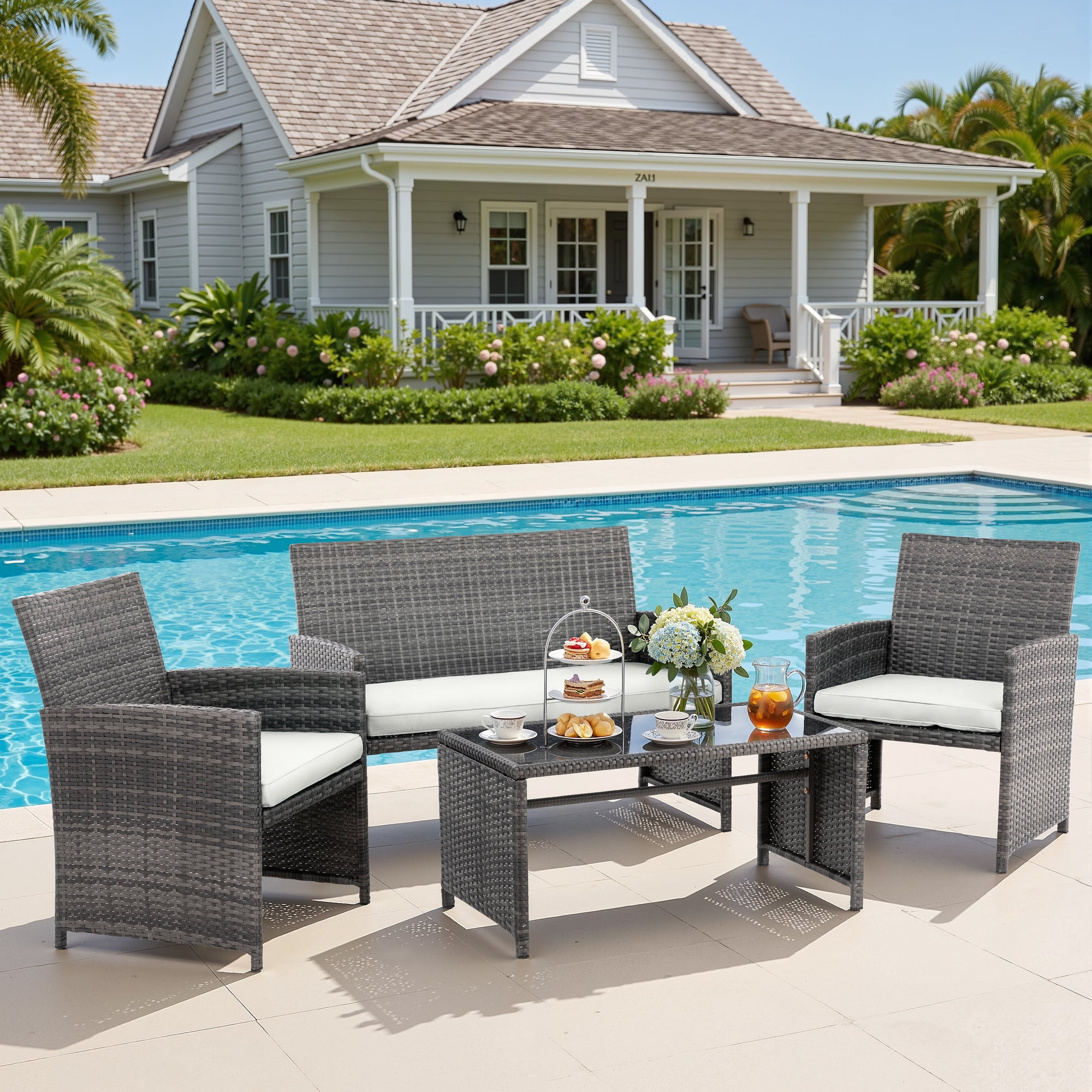 Walsunny Outdoor Patio Rattan Wicker Furniture Conversation Set 4 Piece with Cushions Tempered Glass Tabletop,White