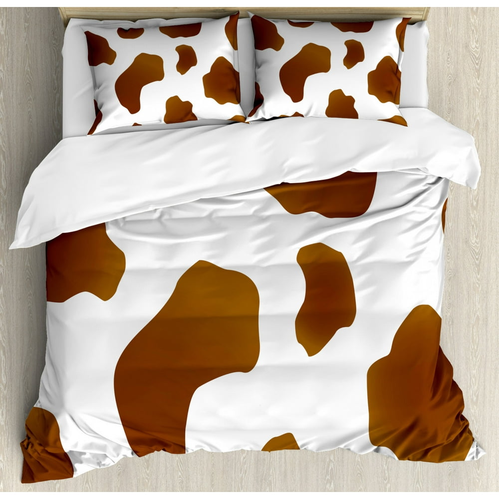 Cow Print Queen Size Duvet Cover Set, Brown Spots on a White Cow Skin