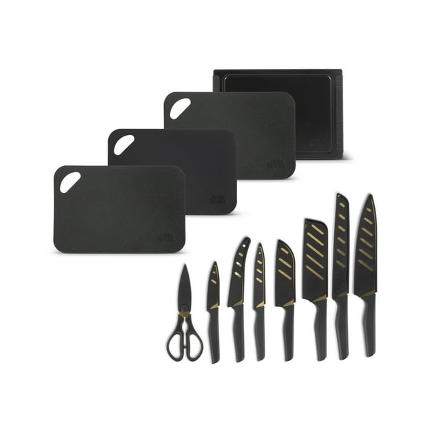 Thyme & Table 20-piece black stainless steel knife set including various knives, kitchen scissors, and four black cutting boards