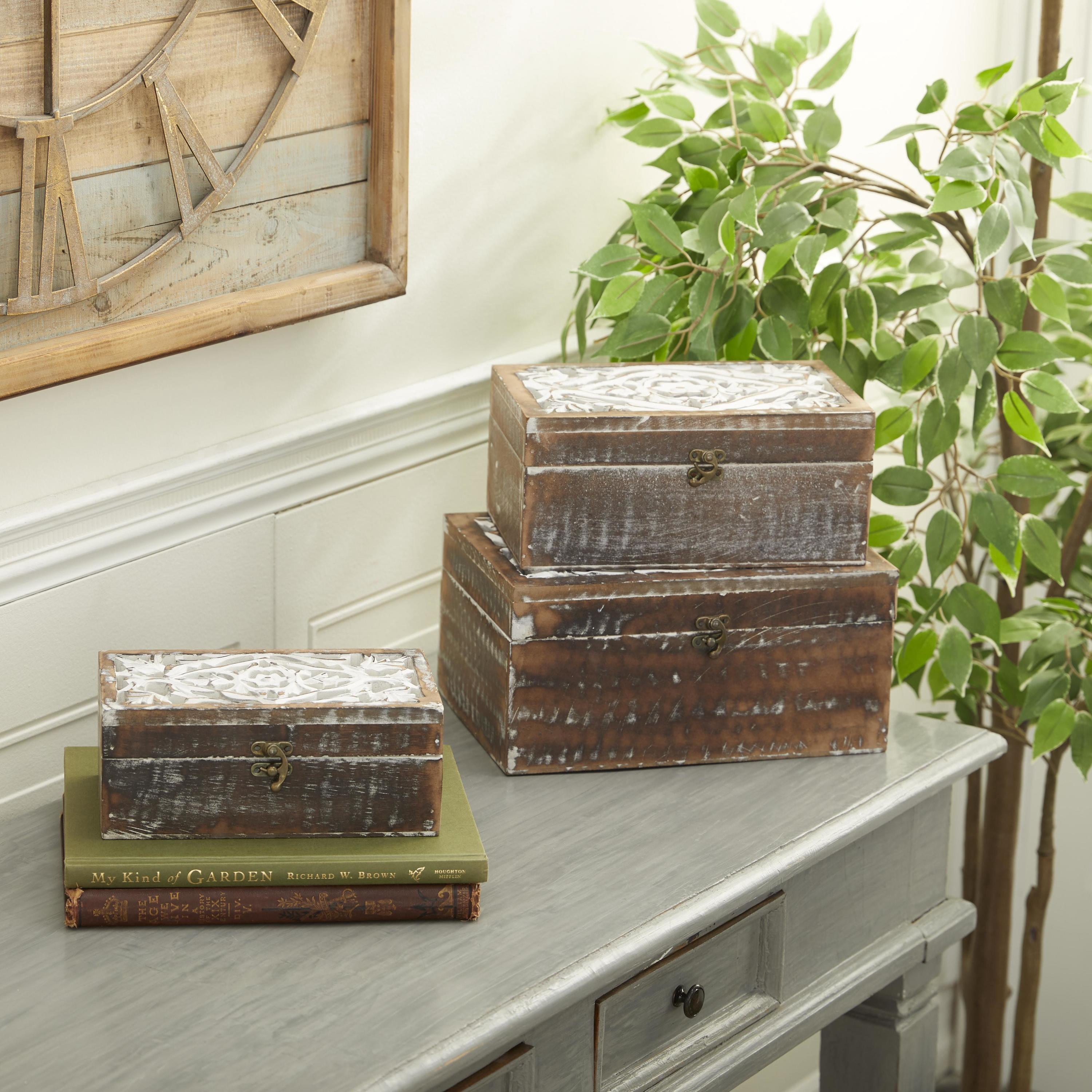 DecMode Floral Handmade Brown Wood Decorative Box with Hinged Lid, 3 Count