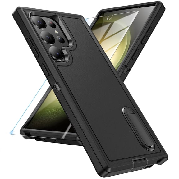ELEHOLD for Samsung Galaxy S24 Plus Rugged Hybrid Case with Tempered Glass Screen Protector Hidden Invisible Kickstand Silicone Hard PC Shockproof Cover for Samsung S24 Plus,Black