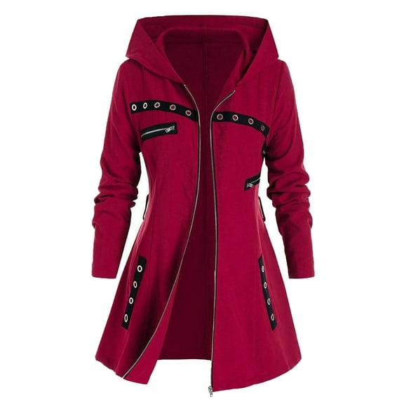 IROINNID Women's Mid-Long Hoodie Overcoat Coat Solid Color Long Sleeve Warm Coat Jacket Winter Zipper Outerwear, Red