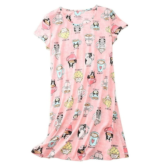 SWSMCLT Women's Lightweight Summer Short Sleeve Cotton Nightgown Cute Pajamas Soft Comfy Casual Loungewear Cup Cat Small