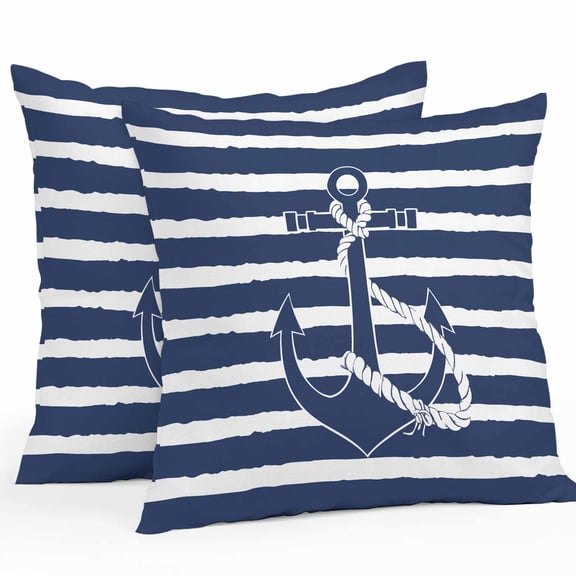 Nautical Outdoor Pillow Covers Pack of 2 Navy Blue and White Striped Retro Anchor Waterproof Throw Pillow Covers Decorative Cushion Cases for Patio Garden Tent Balcony Couch 20x20 inch