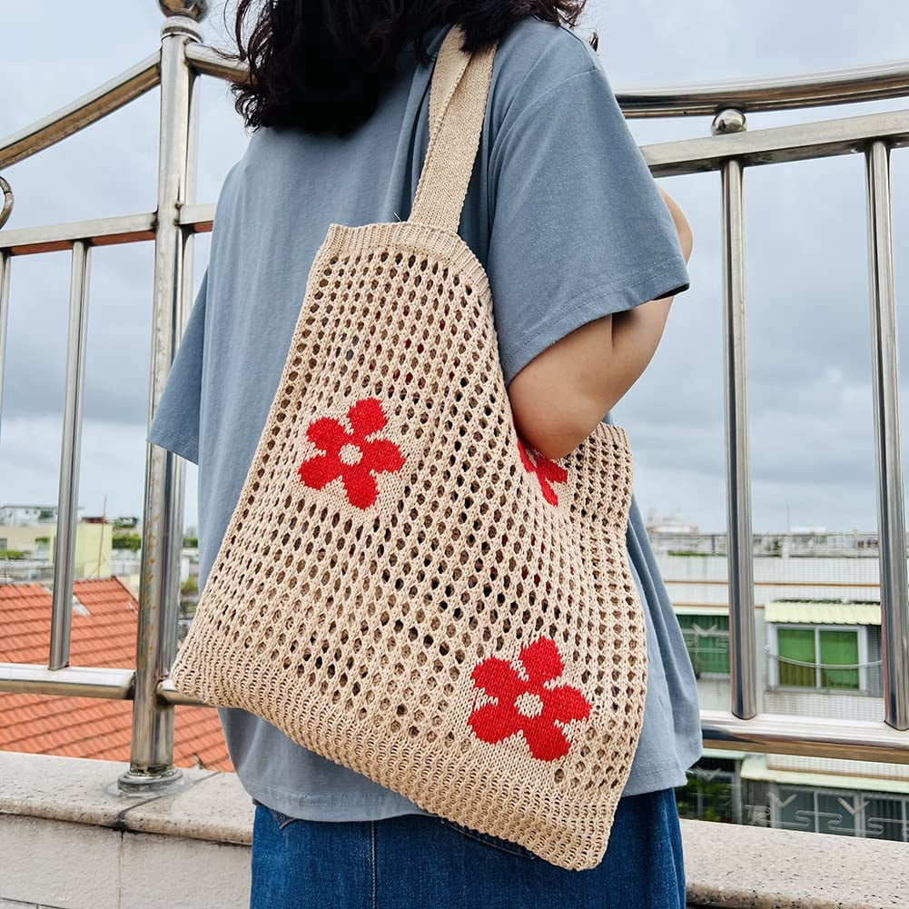CoCopeaunt Crochet Bags for Women Knitted Tote Bag Faircore Hobo Bag Aesthetic Fairy Grunge Tote Bag Hollow Shoulder Handbags