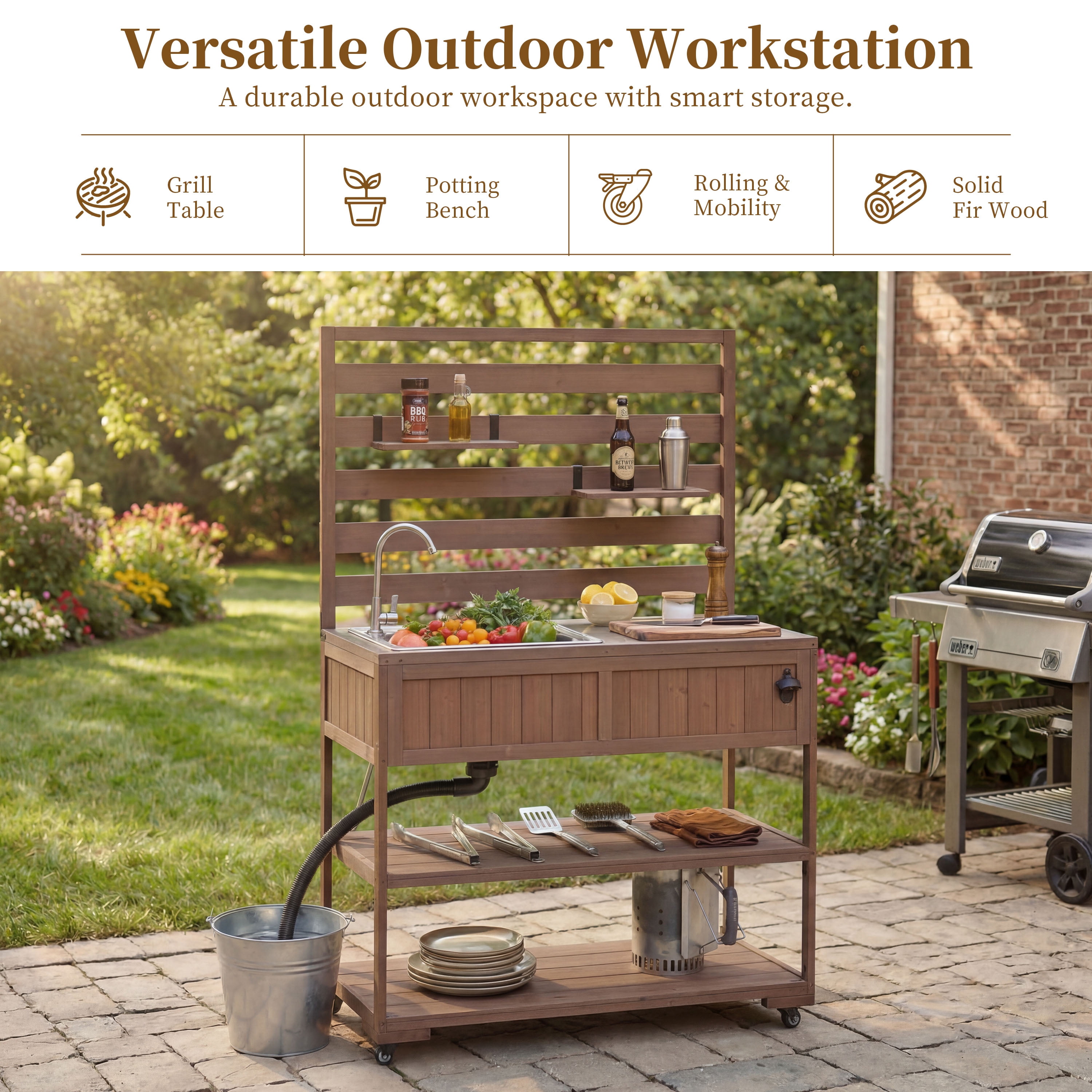 Rolling Kitchen Island, 41.7 Inch Large Solid Wood Outdoor Cart with Sink for Patio Backyard, Brown