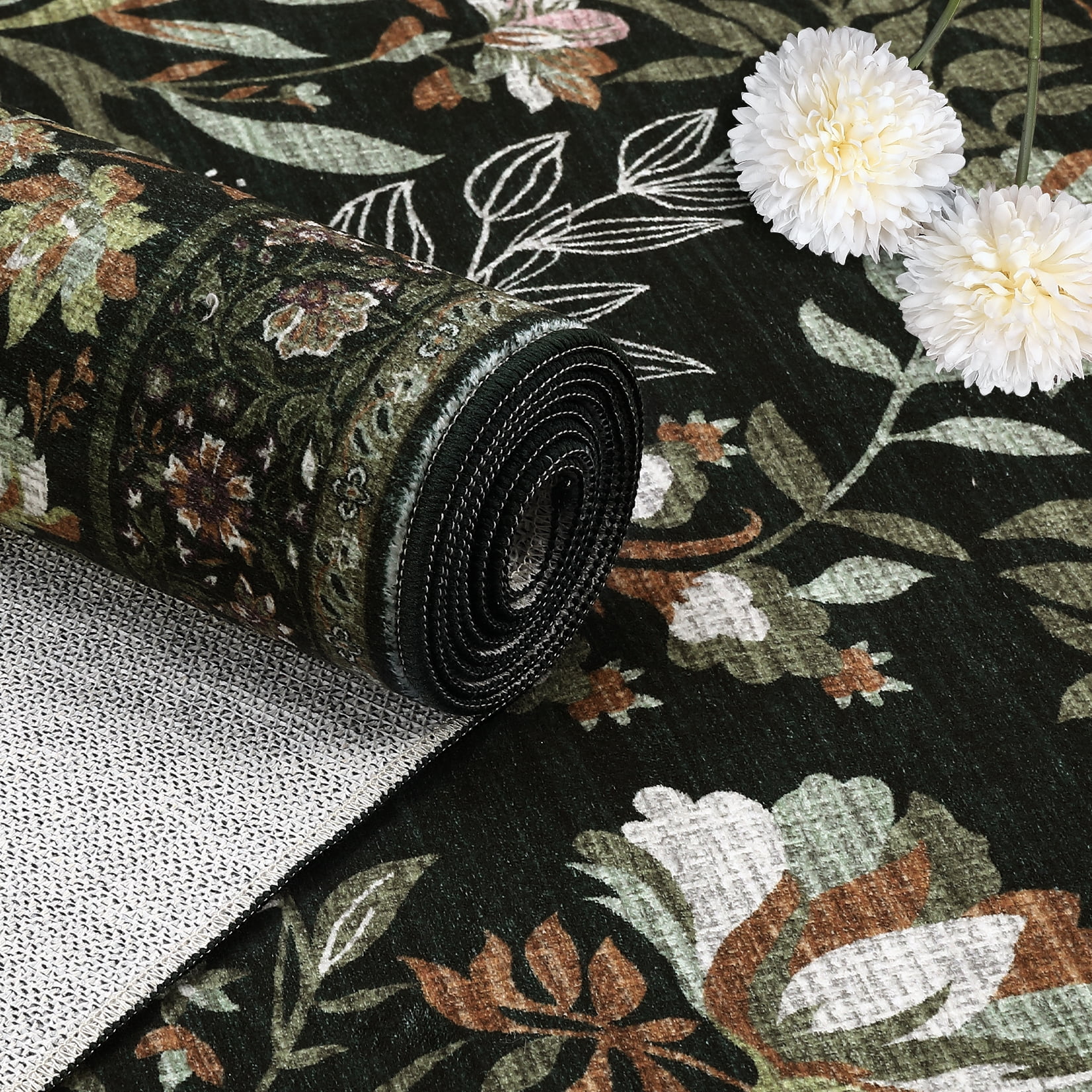 Tzou Floral Washable Area Rugs for Living Room, 8x10ft Vintage Non-Slip Boho Carpet, Soft Stain-Resistant Indoor Rug for Bedroom, Office(Dark Green)