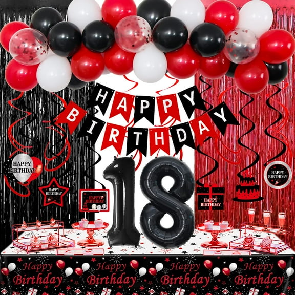 18th Birthday Decorations for Boys Girls, KKS1 Red and 18th Birthday Balloons Banner Number 18 Balloons Hanging Swirls Tablecloth Foil Fringe Curtains for 18 year old Birthday Party Decorations