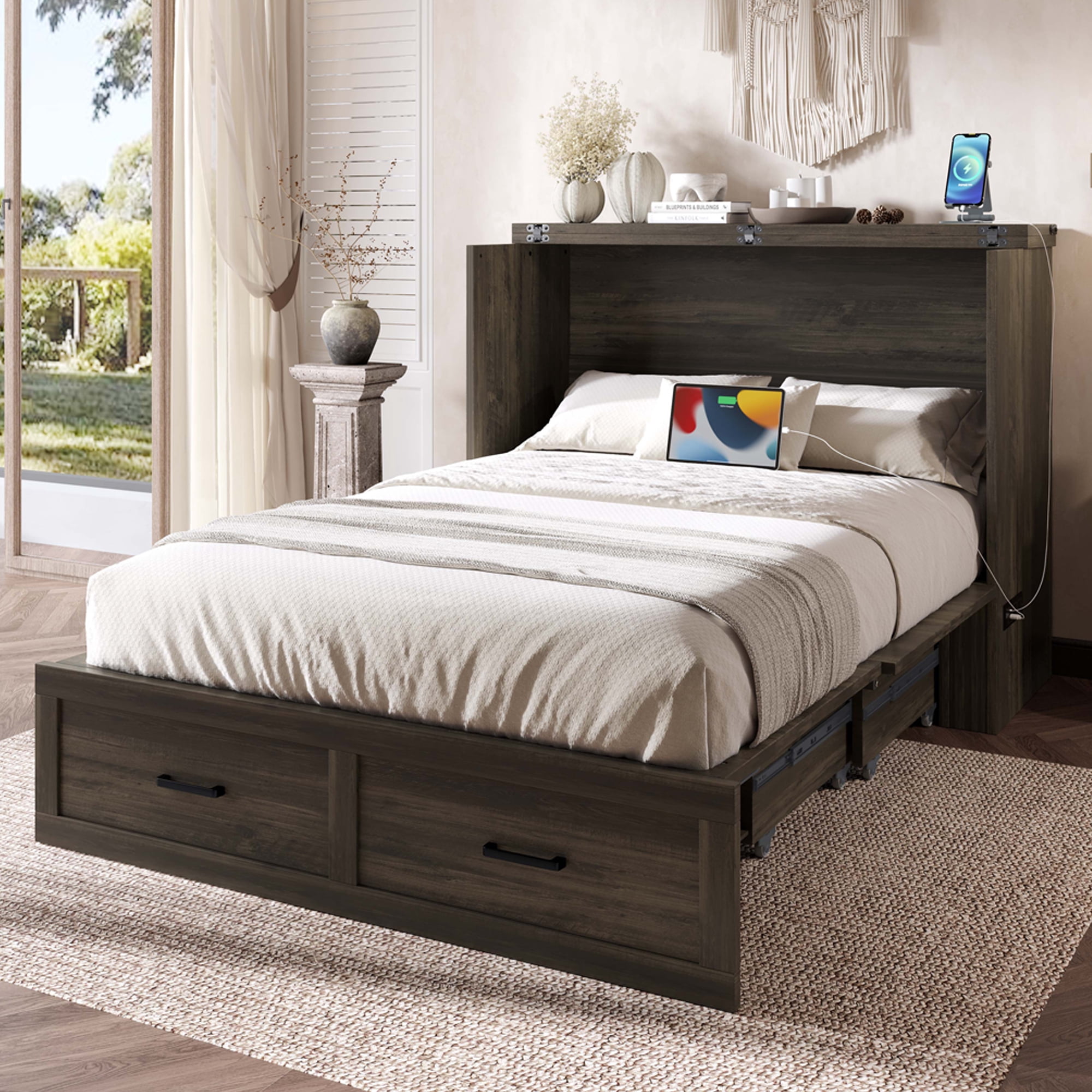 Mintazer Full Murphy Cabinet Bed with Charging Station & Large Storage Drawer, MultiFunctional Foldable Platform Bed for Guest Room Bedroom, Brown