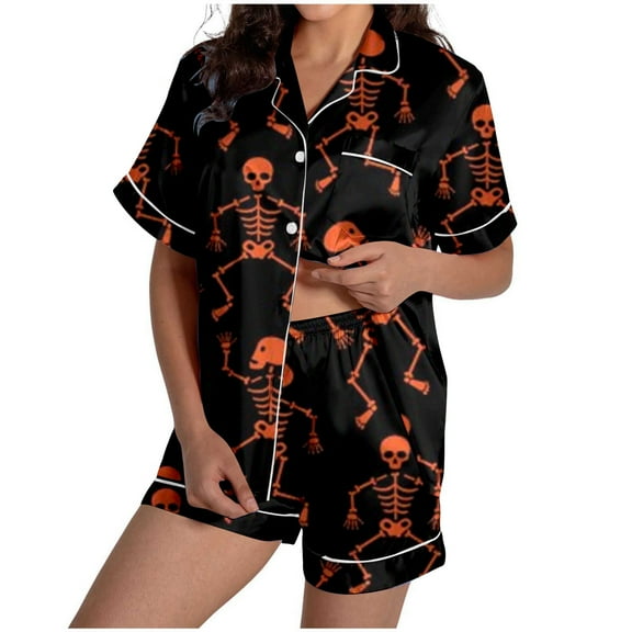 Pajamas for Women Set Halloween Print Shorts Lounge Sets Sleepwear Yellow XL