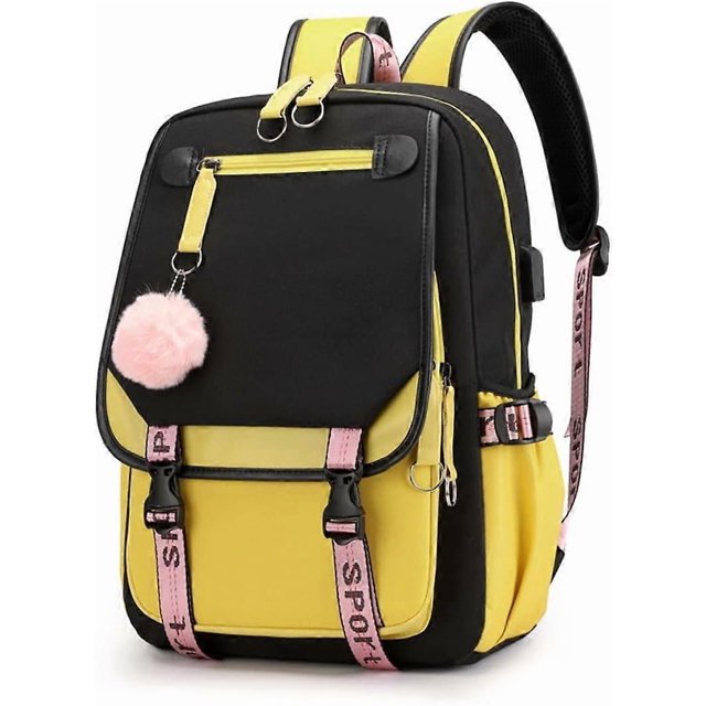 Girls Backpack Casual Rucksack Nylon Waterproof Kids Elementary School Middle School Student Schoolbag Kids Schoolbag, Black+Yellow, Travel
