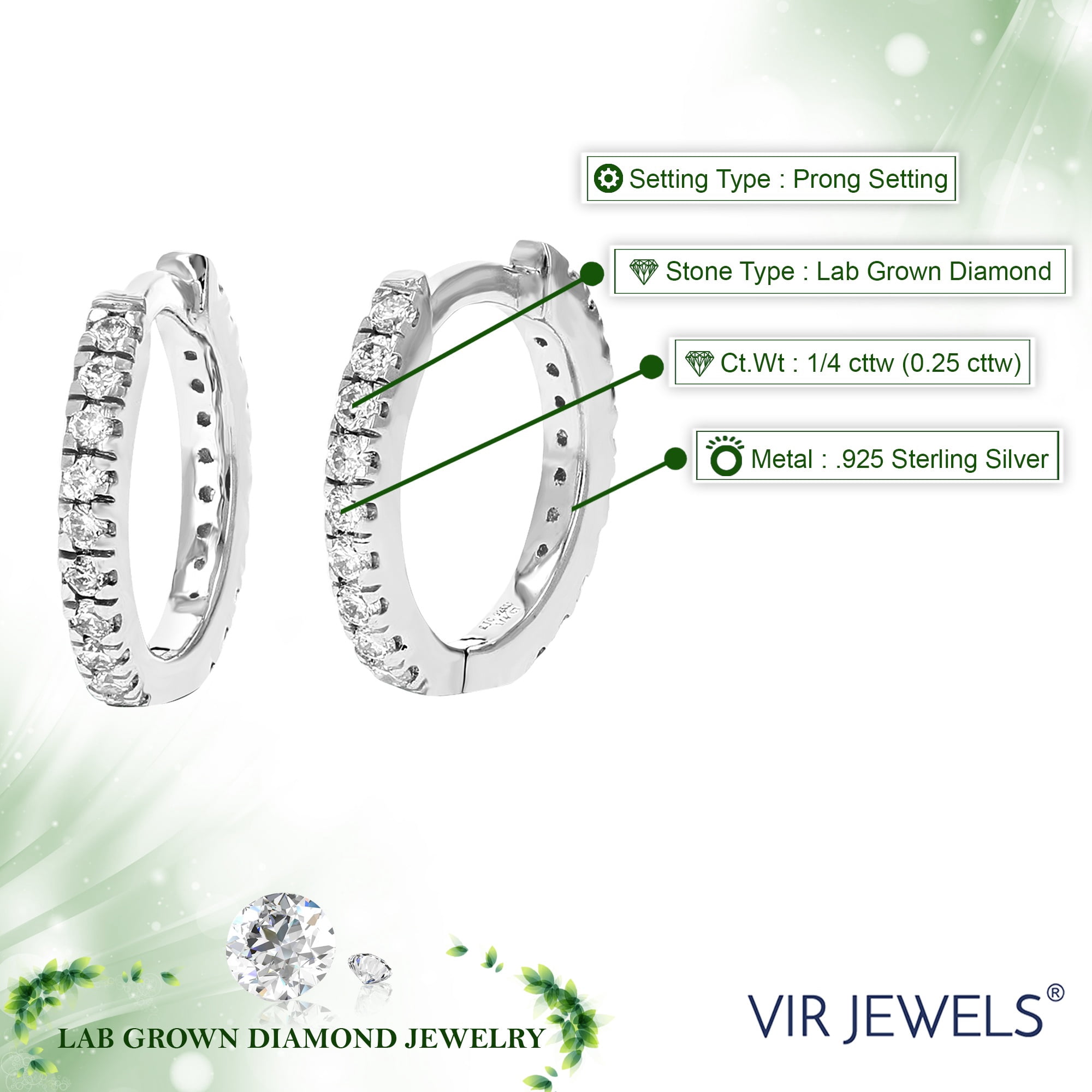 Vir Jewels 1/4 CTTW Lab Grown Diamond Hoops Earrings in Sterling Silver With Hidden Post For Women
