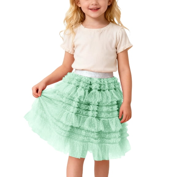 Wuxian Kids Girls Dance Tutu Skirts High Waist Pom Pom Ruffles Tulle Party Ballet Skirt Tiered Layered Tulle Dancewear,Green,2-3 Years