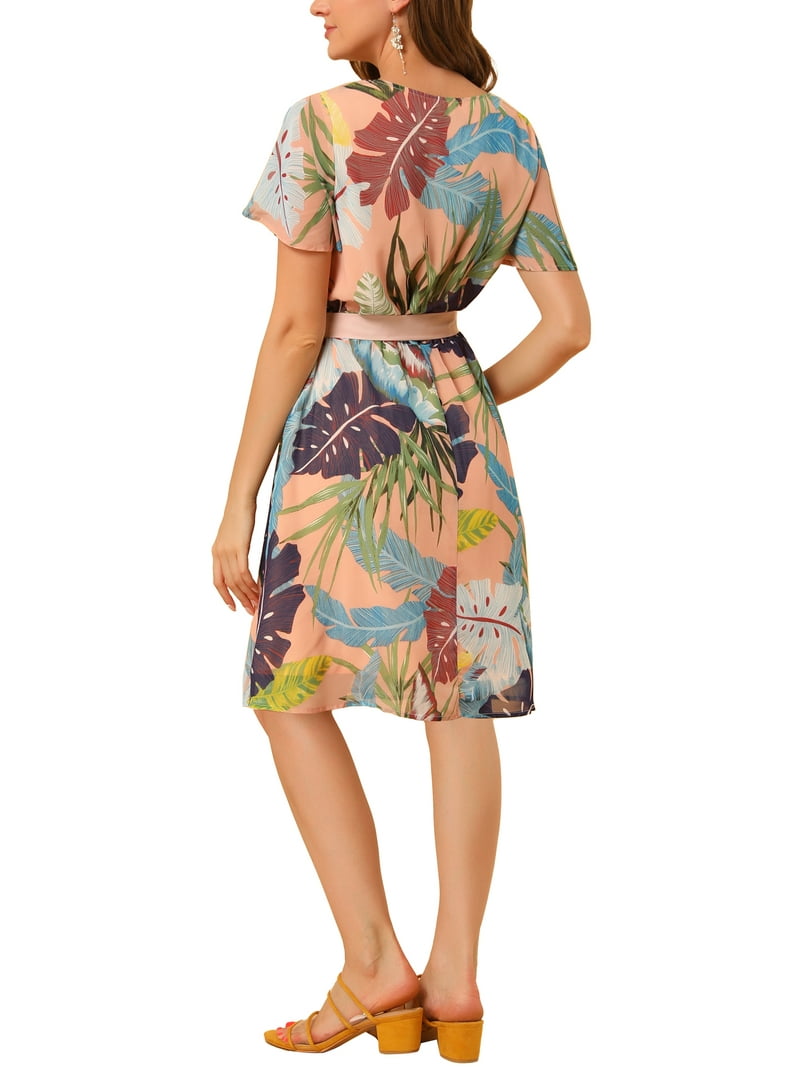 INSPIRE CHIC Women's Flutter Sleeve V Neck Belted Chiffon Leaf Prints Midi  Dress M Pink - Walmart.com