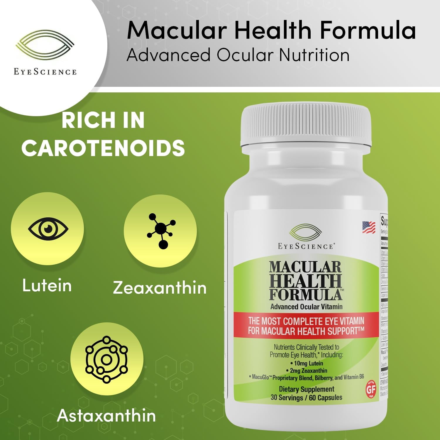 EyeScience Macular Health Formula - Advanced Ocular Vitamin Dietary Supplement Capsules, 60 Count