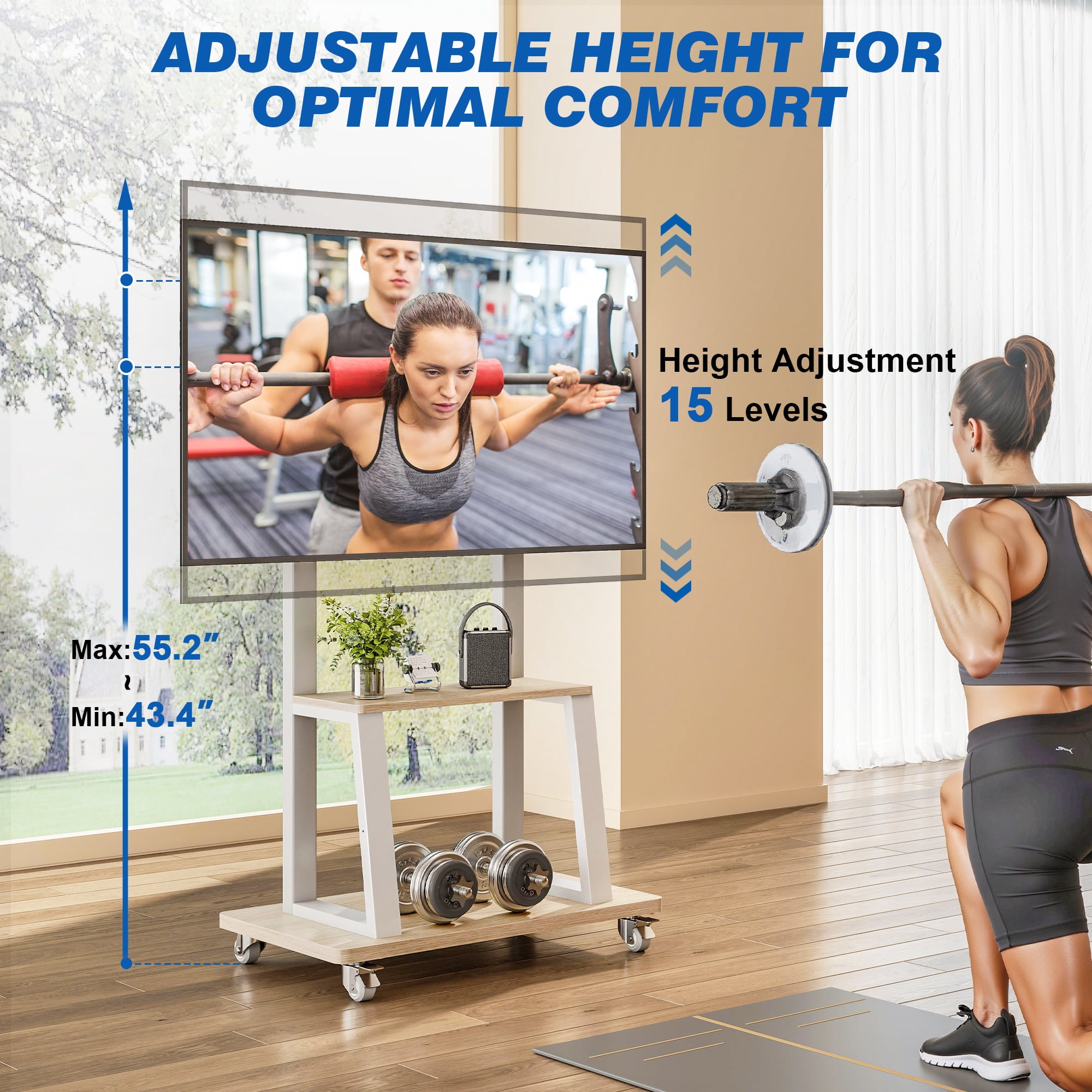 RTVR Rolling TV Stand on Wheels for 37-75 inch Screens with Storage Shelves, Portable Mobile TV Cart Height Adjustable Mount Max 150 lbs, White