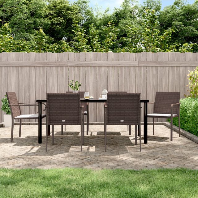 vidaXL 7 Piece Garden Dining Set with Cushions Poly Rattan and Steel