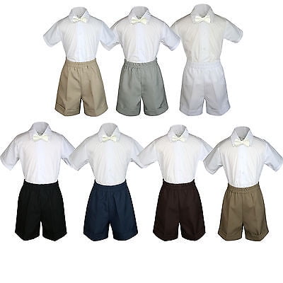 

3pc Set Boy Toddler Formal Party Ivory BowTie White Navy Black Khaki Shorts S-4T