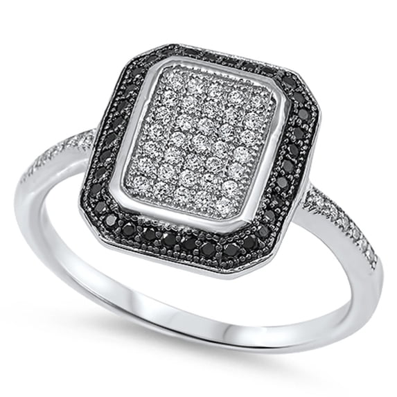 Designer Radiant Pave Black and Clear Cubic Zirconia Ring Sterling Silver 925